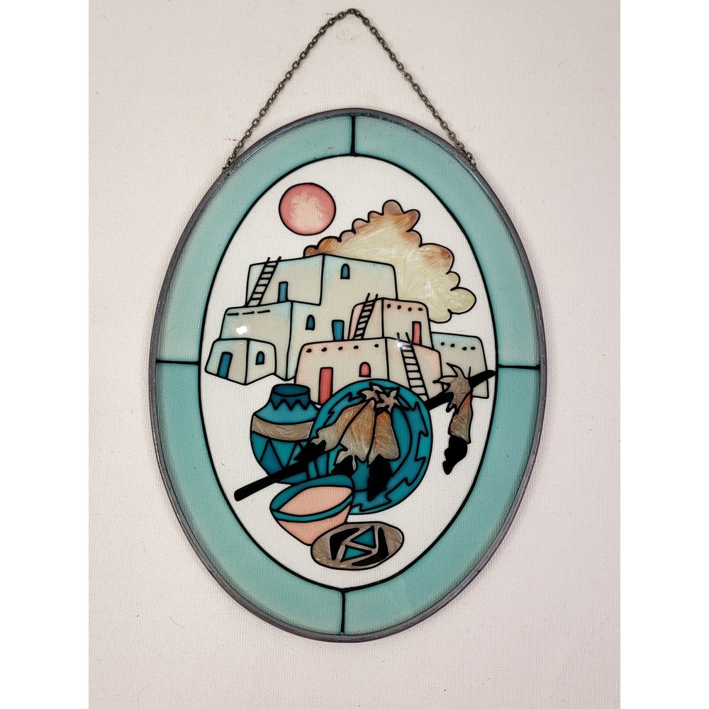 Vintage Southwest Pueblo Stained Glass Suncatcher Oval Desert Scene Wall Hanging